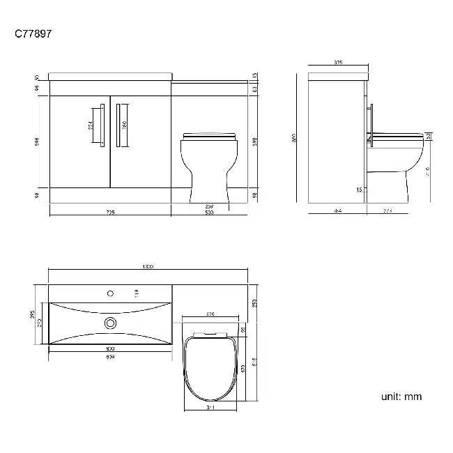 Avon Gloss White Combination Vanity Basin and Seattle Toilet 1300mm - Black Accents