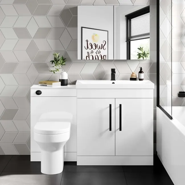 Avon Gloss White Combination Vanity Basin and Denver Toilet 1300mm - Black Accents