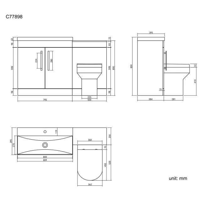 Avon Gloss White Combination Vanity Basin and Denver Toilet 1300mm - Black Accents
