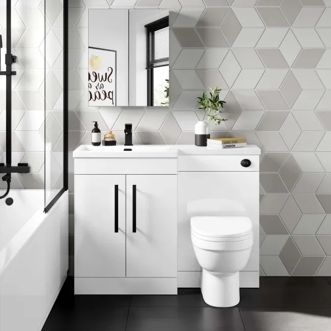 Avon Gloss White Combination Vanity Basin and Seattle Toilet 1100mm - Black Accents - Left Handed
