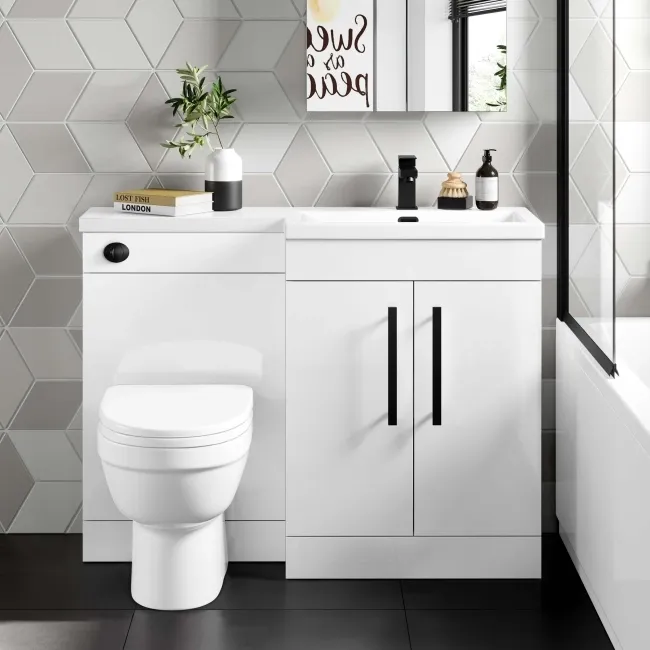 Avon Gloss White Combination Vanity Basin and Seattle Toilet 1100mm - Black Accents - Right Handed