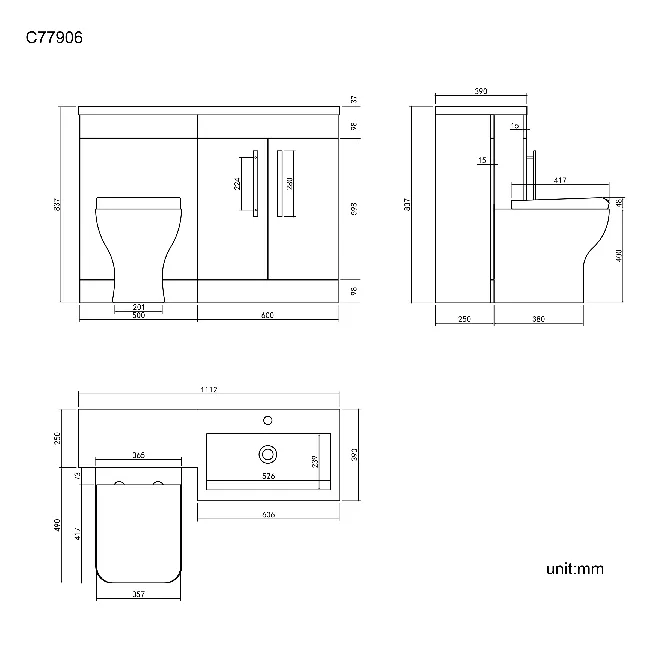 Avon Gloss White Combination Vanity Basin and Atlanta Toilet 1100mm - Black Accents - Right Handed