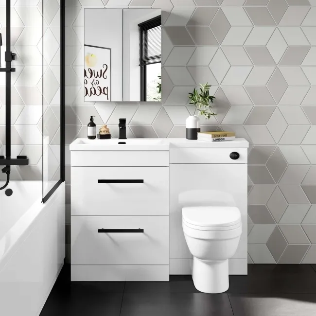 Avon Gloss White Combination Basin Drawer and Seattle Toilet 1100mm - Black Accents - Left Handed