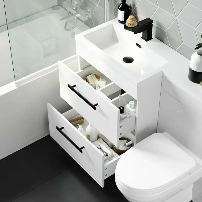 Avon Gloss White Combination Basin Drawer and Seattle Toilet 1100mm - Black Accents - Left Handed