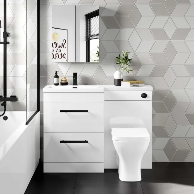 Avon Gloss White Combination Basin Drawer and Atlanta Toilet 1100mm - Black Accents - Left Handed