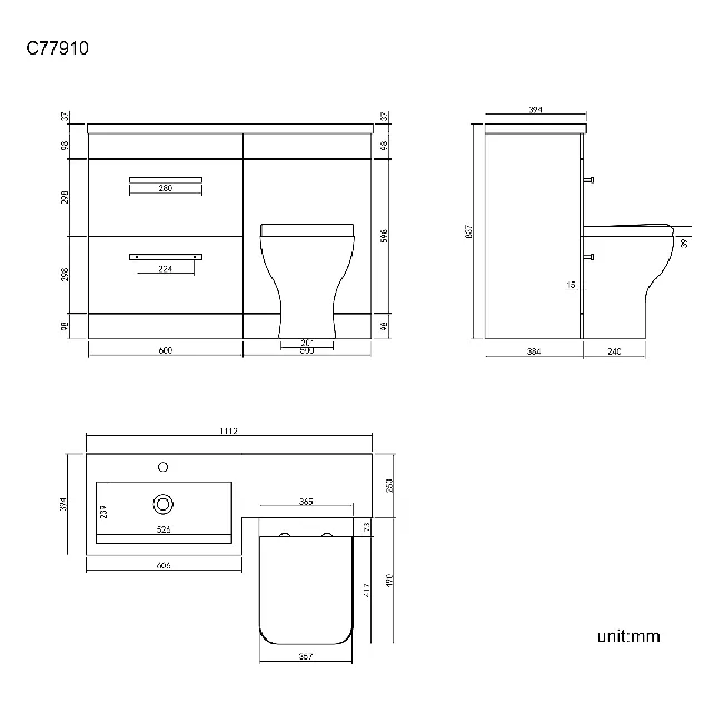 Avon Gloss White Combination Basin Drawer and Atlanta Toilet 1100mm - Black Accents - Left Handed