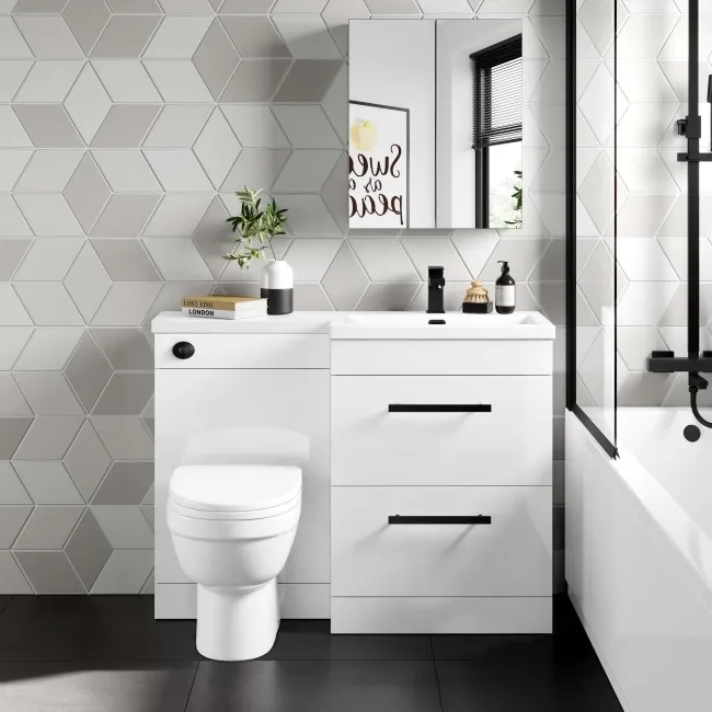 Avon Gloss White Combination Basin Drawer and Seattle Toilet 1100mm - Black Accents - Right Handed