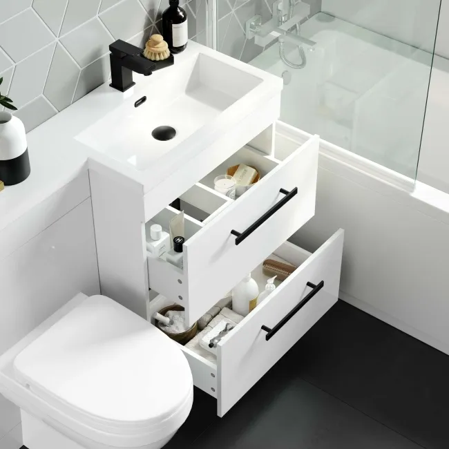 Avon Gloss White Combination Basin Drawer and Seattle Toilet 1100mm - Black Accents - Right Handed