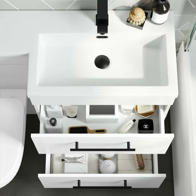 Avon Gloss White Combination Basin Drawer and Seattle Toilet 1100mm - Black Accents - Right Handed