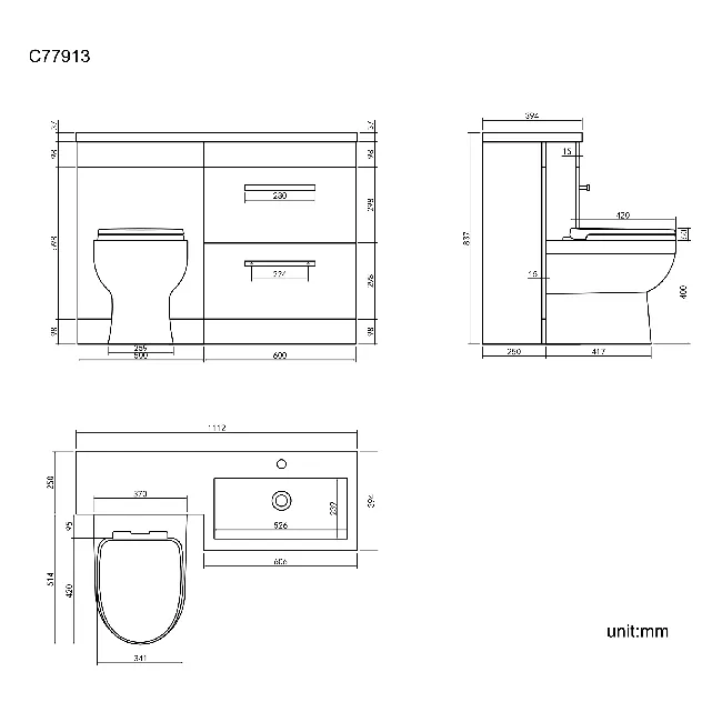 Avon Gloss White Combination Basin Drawer and Seattle Toilet 1100mm - Black Accents - Right Handed