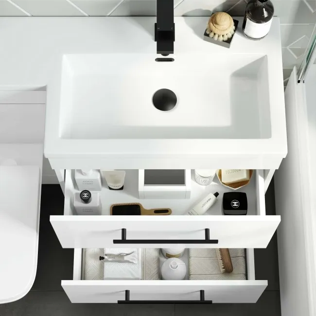 Avon Gloss White Combination Basin Drawer and Atlanta Toilet 1100mm - Black Accents - Right Handed