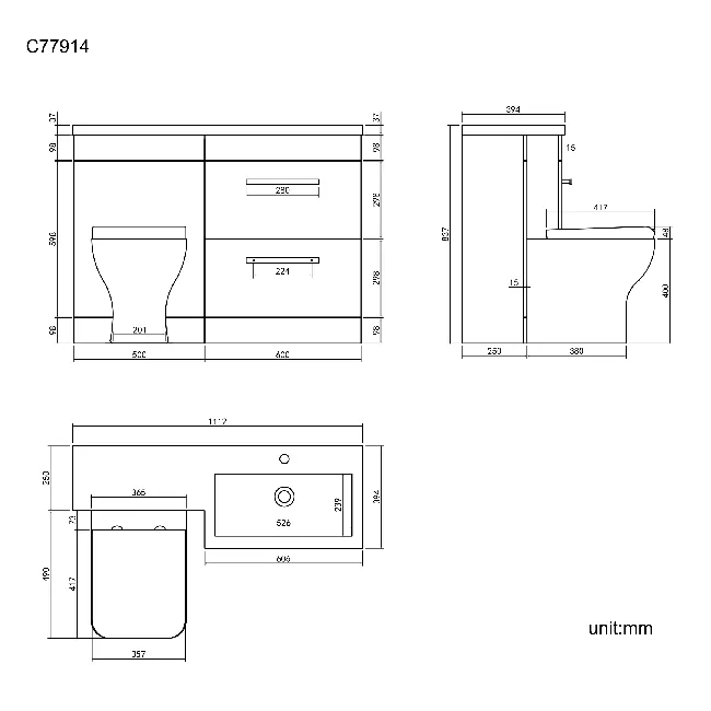 Avon Gloss White Combination Basin Drawer and Atlanta Toilet 1100mm - Black Accents - Right Handed