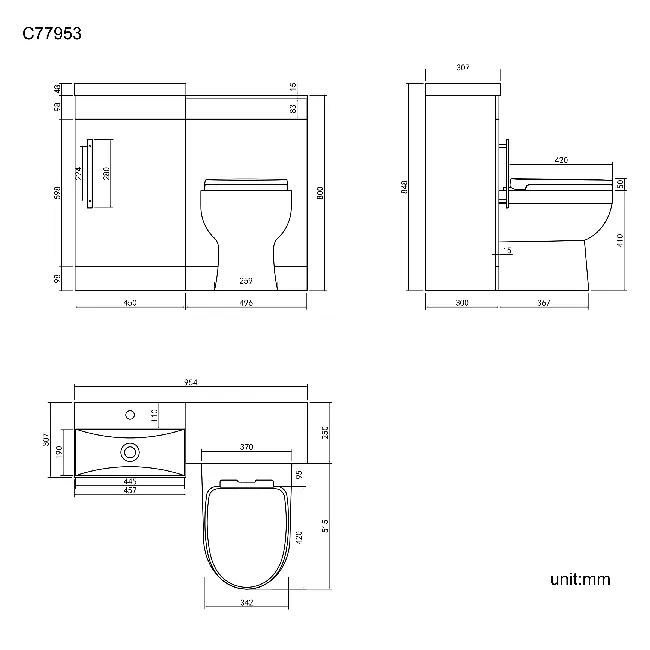 Avon Stone Grey Combination Vanity Basin and Seattle Toilet 950mm - Black Accents