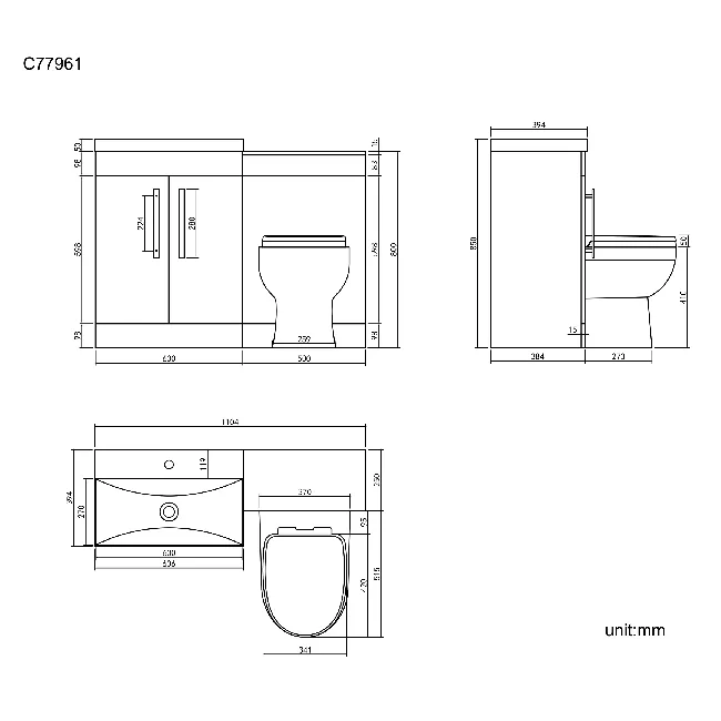 Avon Stone Grey Combination Vanity Basin and Seattle Toilet 1100mm - Black Accents