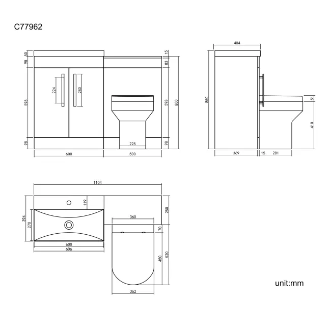 Avon Stone Grey Combination Vanity Basin and Denver Toilet 1100mm - Black Accents