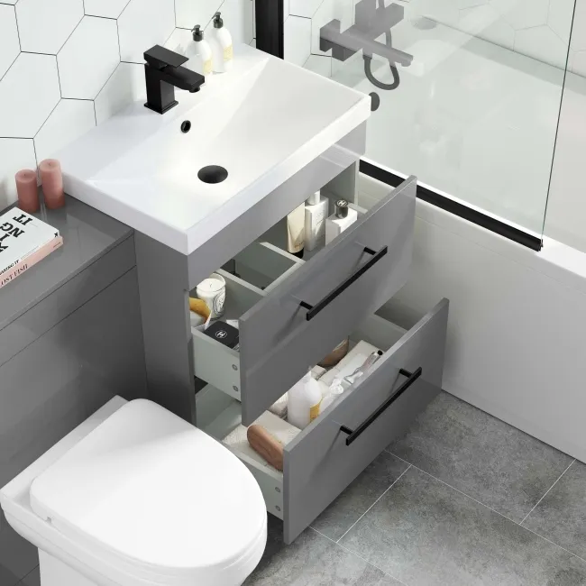 Avon Stone Grey Combination Basin Drawer and Seattle Toilet 1100mm - Black Accents