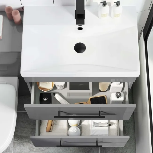 Avon Stone Grey Combination Basin Drawer and Seattle Toilet 1100mm - Black Accents