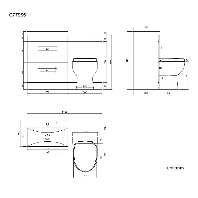 Avon Stone Grey Combination Basin Drawer and Seattle Toilet 1100mm - Black Accents
