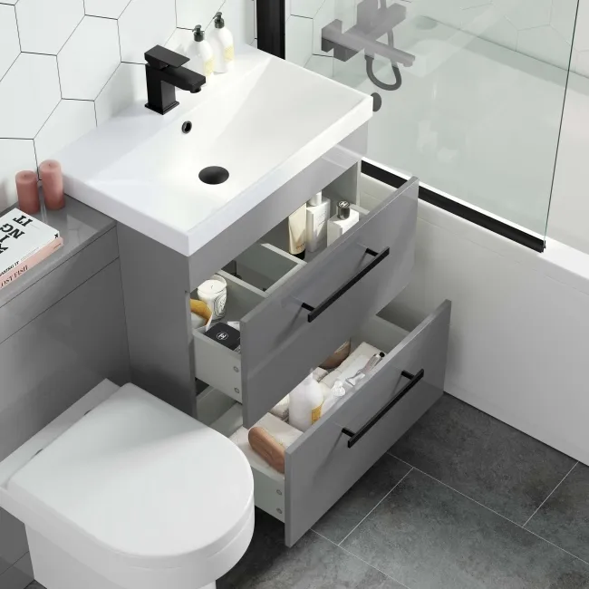 Avon Stone Grey Combination Basin Drawer and Denver Toilet 1100mm - Black Accents