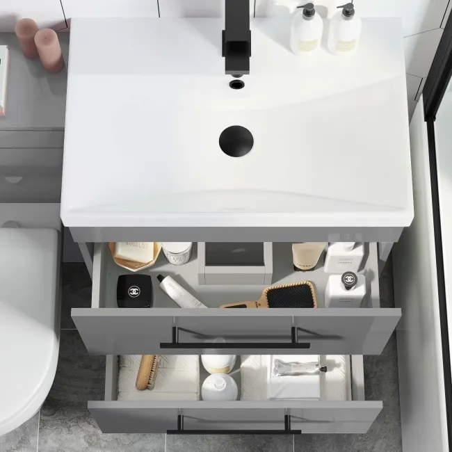Avon Stone Grey Combination Basin Drawer and Denver Toilet 1100mm - Black Accents