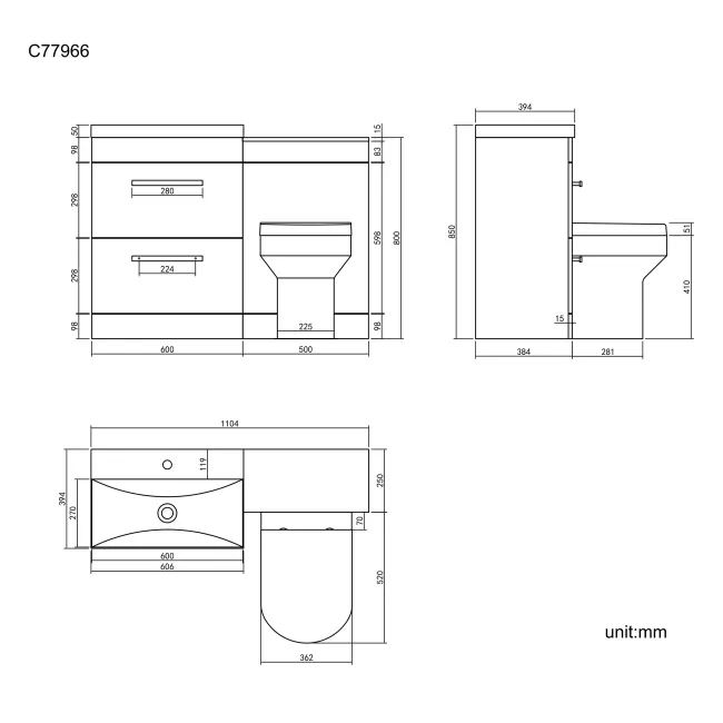 Avon Stone Grey Combination Basin Drawer and Denver Toilet 1100mm - Black Accents