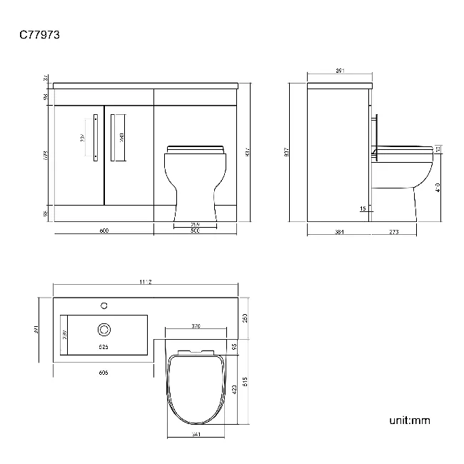Avon Stone Grey Combination Vanity Basin and Seattle Toilet 1100mm - Black Accents - Left Handed
