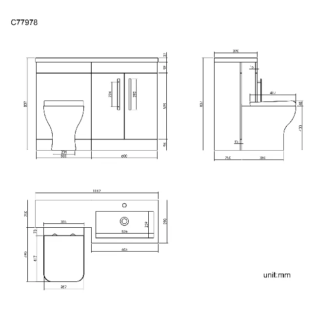 Avon Stone Grey Combination Vanity Basin and Atlanta Toilet 1100mm - Black Accents - Right Handed