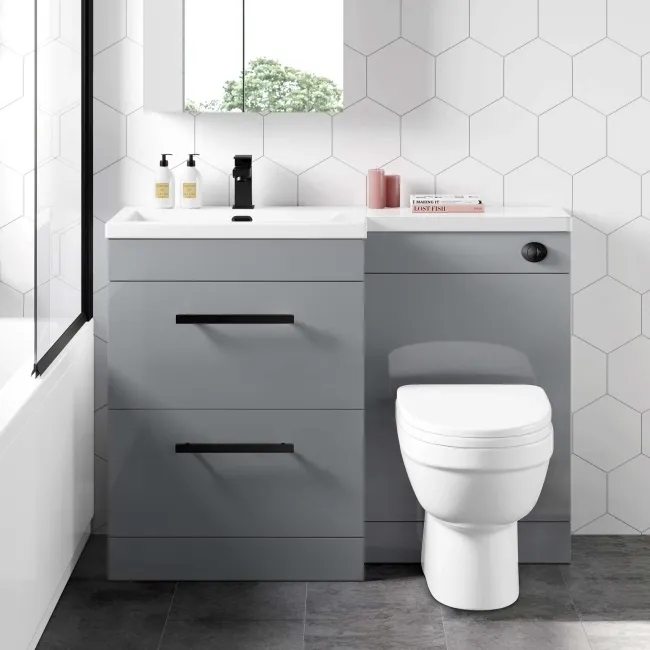 Avon Stone Grey Combination Basin Drawer and Seattle Toilet 1100mm - Black Accents - Left Handed