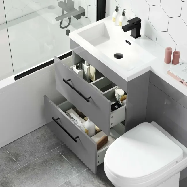 Avon Stone Grey Combination Basin Drawer and Seattle Toilet 1100mm - Black Accents - Left Handed