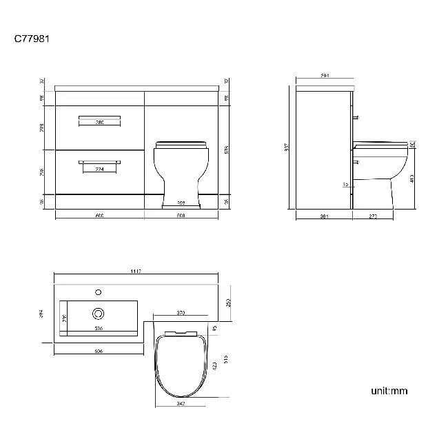 Avon Stone Grey Combination Basin Drawer and Seattle Toilet 1100mm - Black Accents - Left Handed