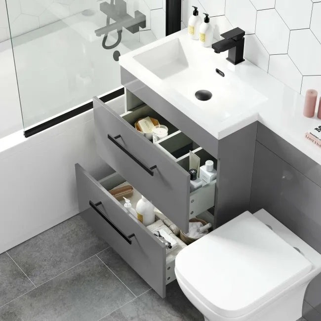Avon Stone Grey Combination Basin Drawer and Atlanta Toilet 1100mm - Black Accents - Left Handed