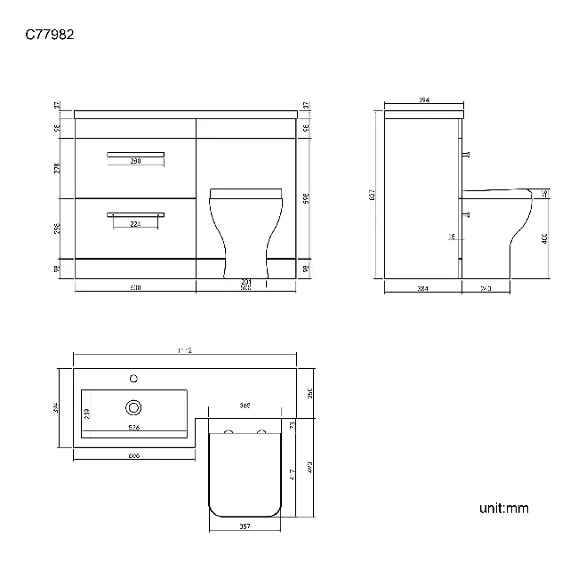 Avon Stone Grey Combination Basin Drawer and Atlanta Toilet 1100mm - Black Accents - Left Handed