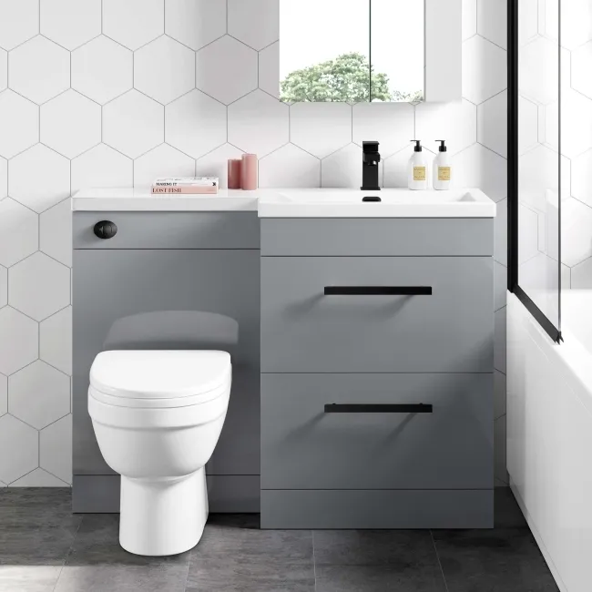 Avon Stone Grey Combination Basin Drawer and Seattle Toilet 1100mm - Black Accents - Right Handed