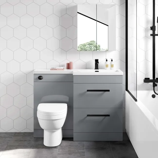 Avon Stone Grey Combination Basin Drawer and Seattle Toilet 1100mm - Black Accents - Right Handed