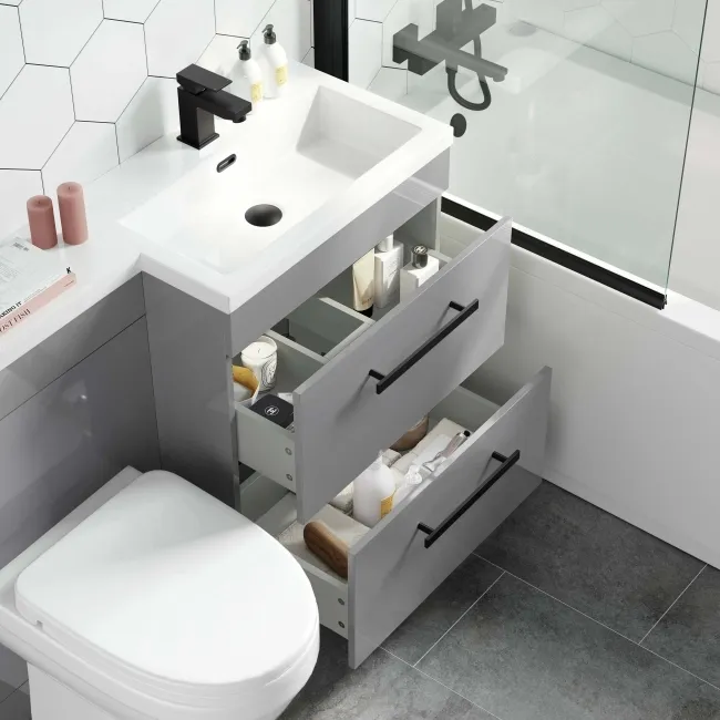 Avon Stone Grey Combination Basin Drawer and Seattle Toilet 1100mm - Black Accents - Right Handed