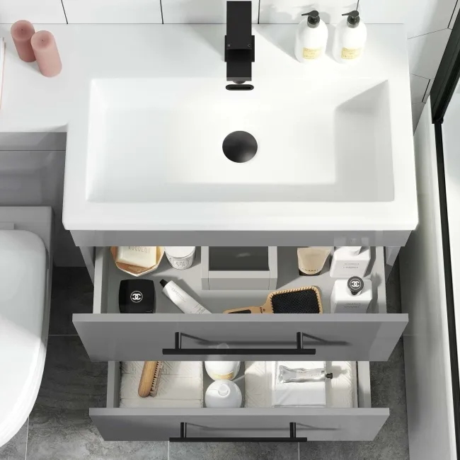 Avon Stone Grey Combination Basin Drawer and Seattle Toilet 1100mm - Black Accents - Right Handed