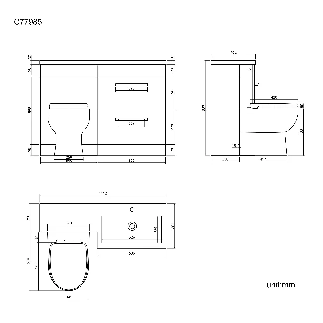 Avon Stone Grey Combination Basin Drawer and Seattle Toilet 1100mm - Black Accents - Right Handed