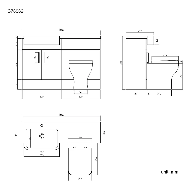 Harper Stone Grey Combination Vanity Basin and Atlanta Toilet 1200mm - Black Accents - Left Handed