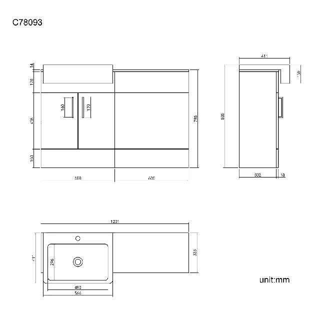Harper Stone Grey Basin Vanity with Marble Top & Back To Wall Unit 1200mm - Black Accents
