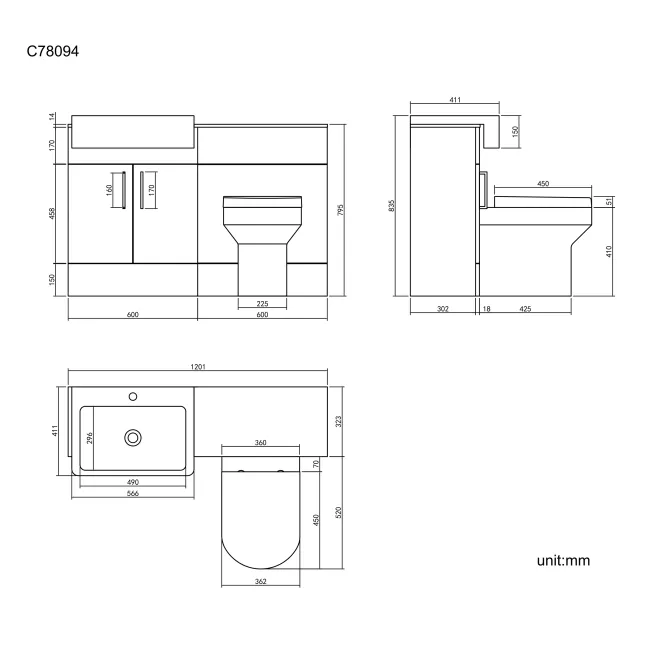 Harper Stone Grey Combination Vanity Basin with Marble Top & Denver Toilet 1200mm - Black Accents