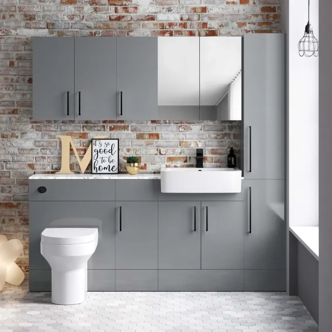 Harper Stone Grey Combination Vanity Basin with Marble Top & Denver Toilet 1500mm - Black Accents