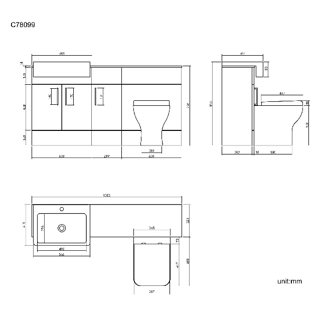 Harper Stone Grey Combination Vanity Basin with Marble Top & Atlanta Toilet 1500mm - Black Accents