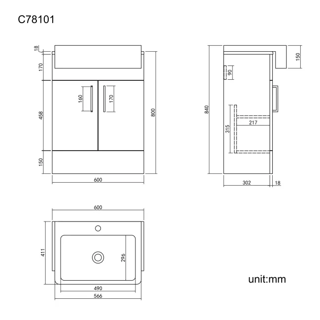 Harper Charcoal Elm Vanity with Semi Recessed Basin 600mm - Black Accents