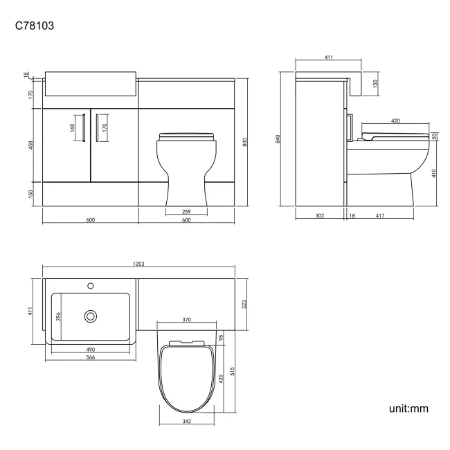 Harper Charcoal Elm Combination Vanity Basin and Seattle Toilet 1200mm - Black Accents