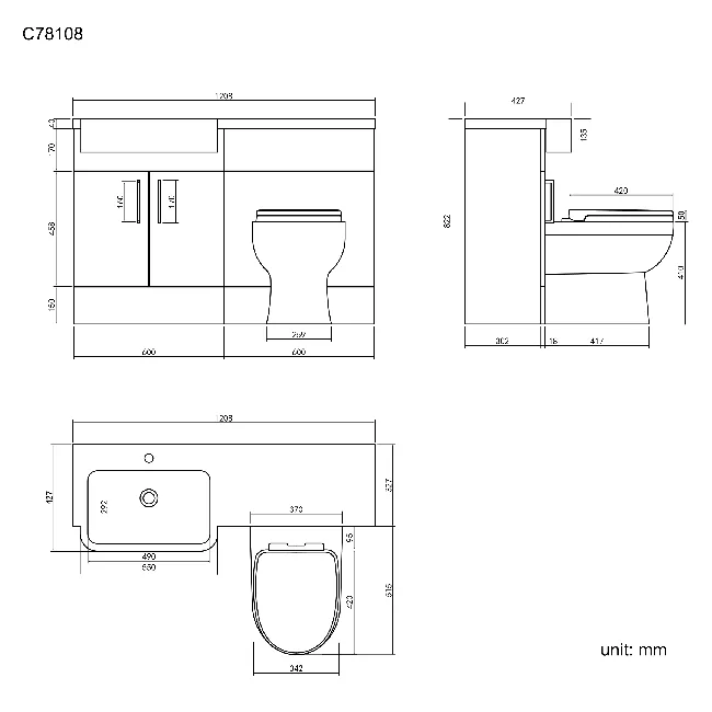 Harper Charcoal Elm Combination Vanity Basin and Seattle Toilet 1200mm - Black Accents - Left Handed