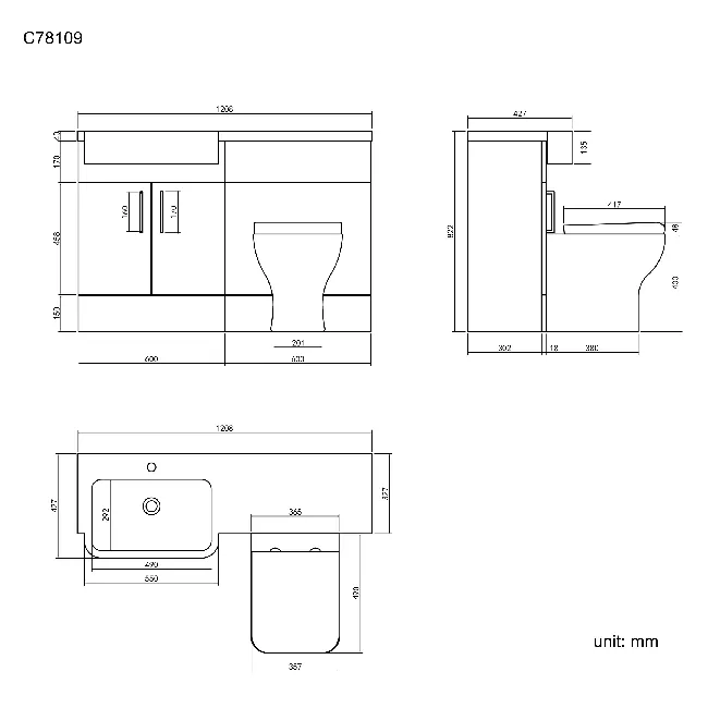 Harper Charcoal Elm Combination Vanity Basin and Atlanta Toilet 1200mm - Black Accents - Left Handed