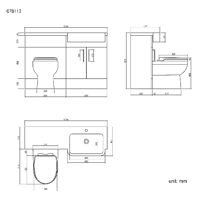 Harper Charcoal Elm Combination Vanity Basin and Seattle Toilet 1200mm - Black Accents - Right Handed