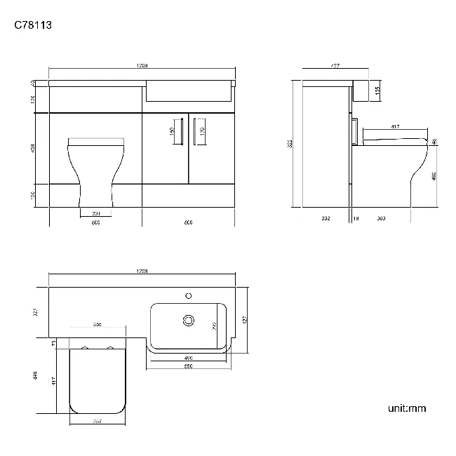 Harper Charcoal Elm Combination Vanity Basin and Atlanta Toilet 1200mm - Black Accents - Right Handed