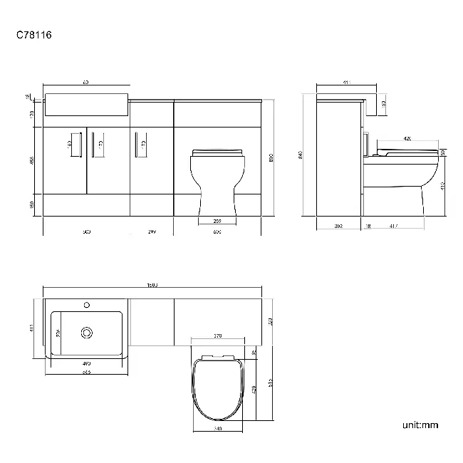 Harper Charcoal Elm Combination Vanity Basin and Seattle Toilet 1500mm - Black Accents
