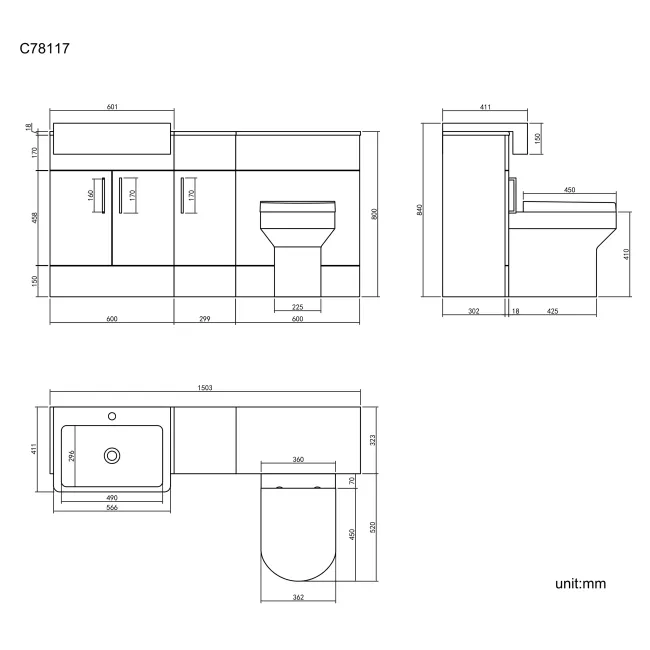 Harper Charcoal Elm Combination Vanity Basin and Denver Toilet 1500mm - Black Accents